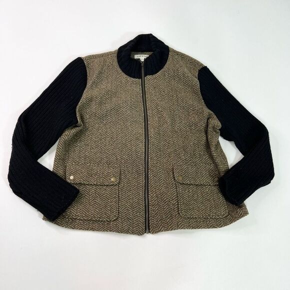 Orvis Sweater Jacket Womens XL Herringbone Mock Neck Full Zip Wool Blend - Picture 1 of 11